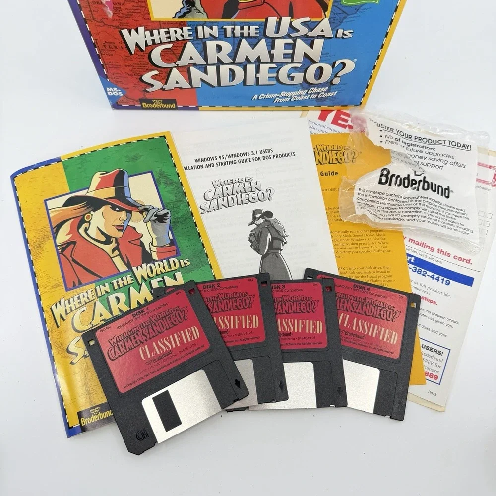 Where In The USA Is Carmen Sandiego Box Microsoft IBM PC 4 Floppy Disks Vtg‎